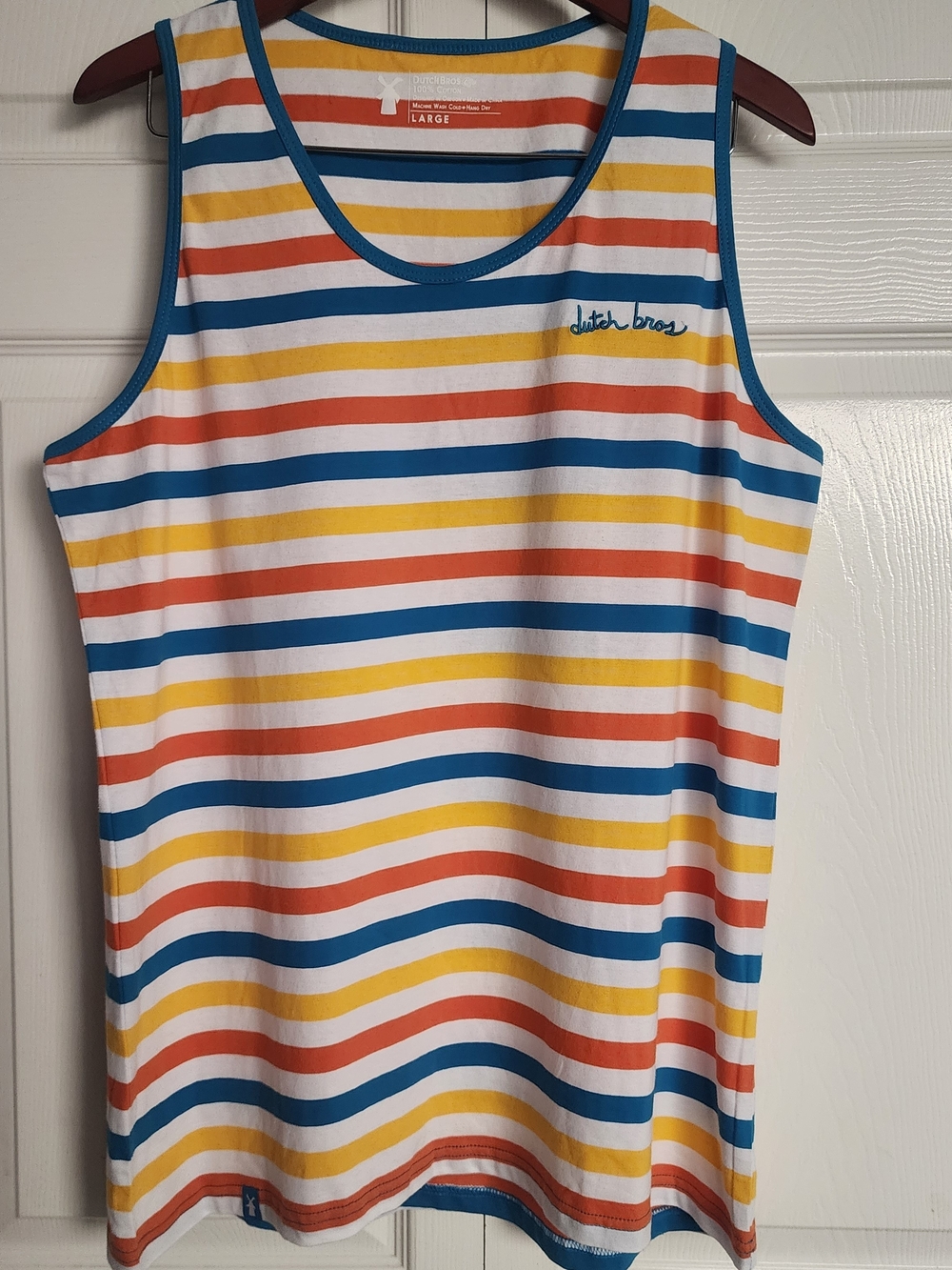 Dutch Bros Coffee Mens Striped Blue Yellow Orange Retro Embridered Logo Tank, L